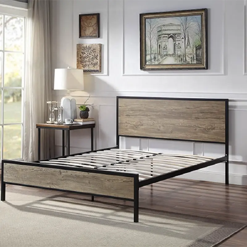 customized classic design platform rustic metal bed with wood headboard