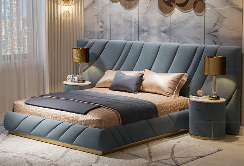 Luxury bedroom furniture extended big headboard customize double full queen king size leather upholstered bed