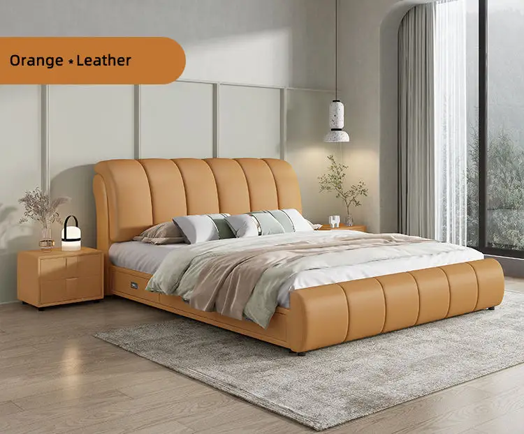 Leather Upholstered Bed Gas Lift Storage Soild Wood Design King Size Bedroom Furniture Wooden Bed Frame With Drawers