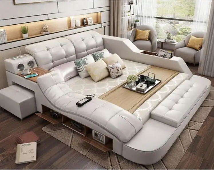 King size storage wooden high most top grain leather bed bedroom furniture designs bedding set tufted modern bed king size