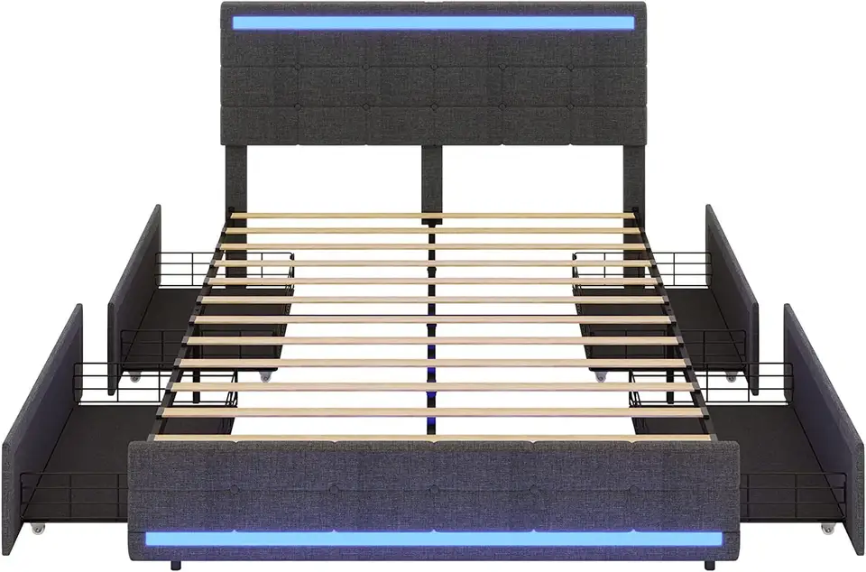 Wholesale Home Furniture Linen Fabric Queen Size Storage LED Light Smart USB charge Bed Frame With Drawers