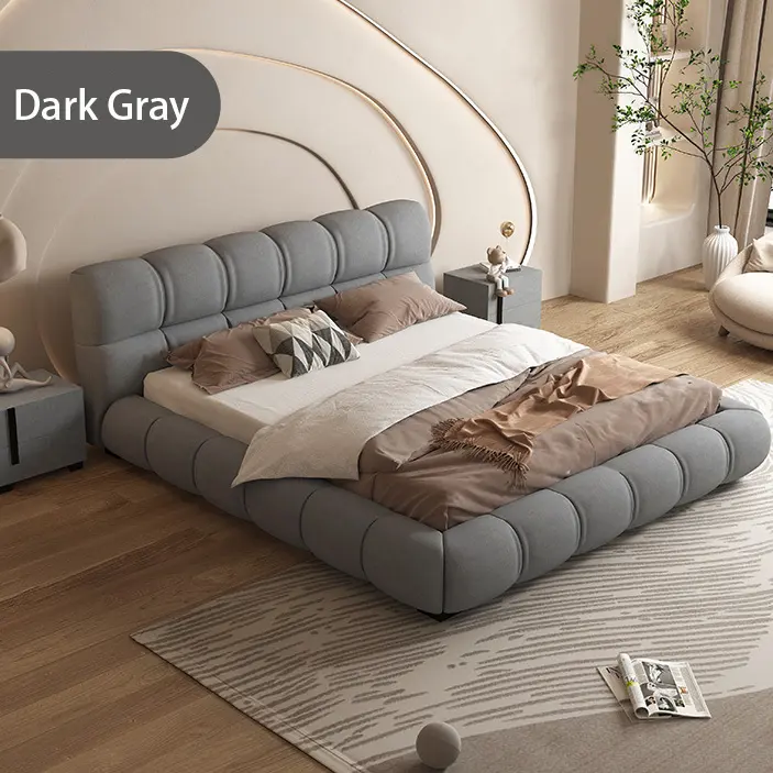Italian Design Beige Technology Flannelette Tatami Bed King Size Gas Lift Storage Bed Wooden Frame