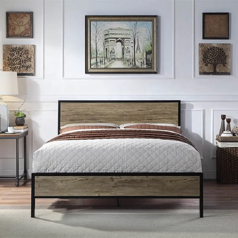 customized classic design platform rustic metal bed with wood headboard