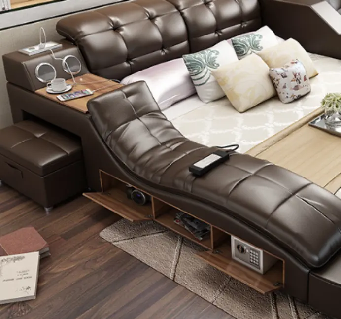 King size storage wooden high most top grain leather bed bedroom furniture designs bedding set tufted modern bed king size