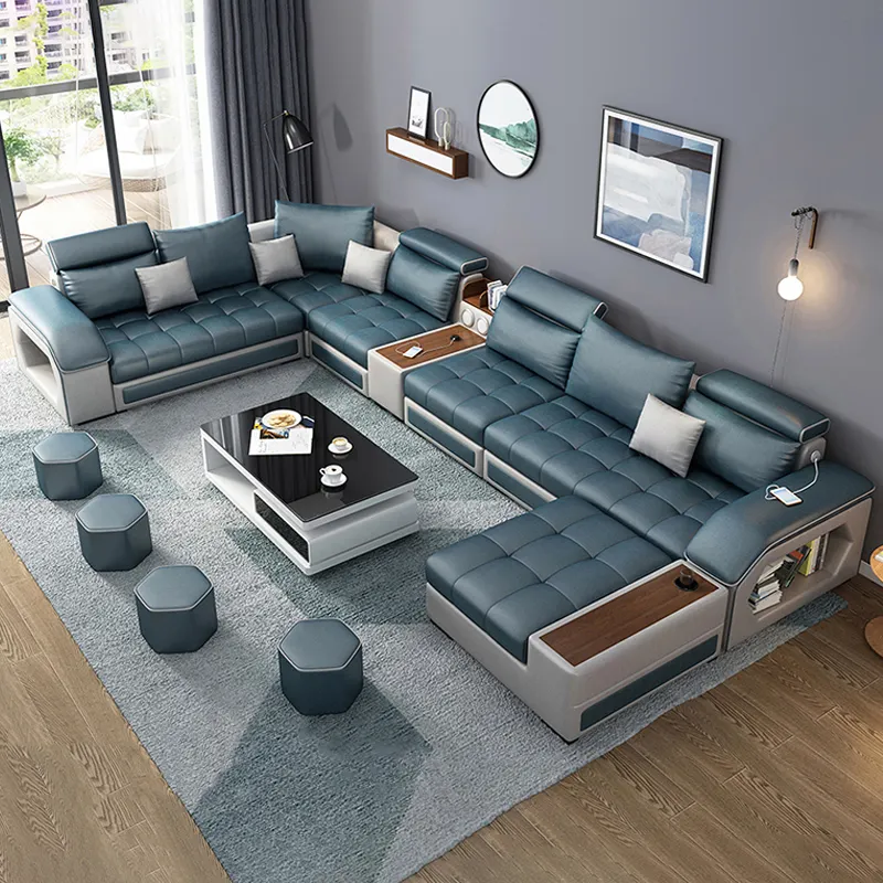 Modern leather u shaped sectional sofa couch bed 7 piece set furniture living room fabric velvet sofas manufacturers for home
