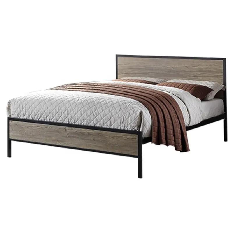 customized classic design platform rustic metal bed with wood headboard