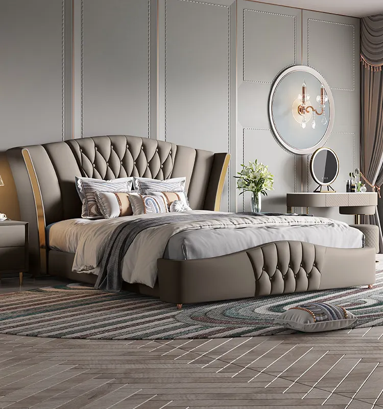 Minimalist light luxury leather bed postmodern master bedroom Nordic bed Italian style simple double bed for bedroom furniture