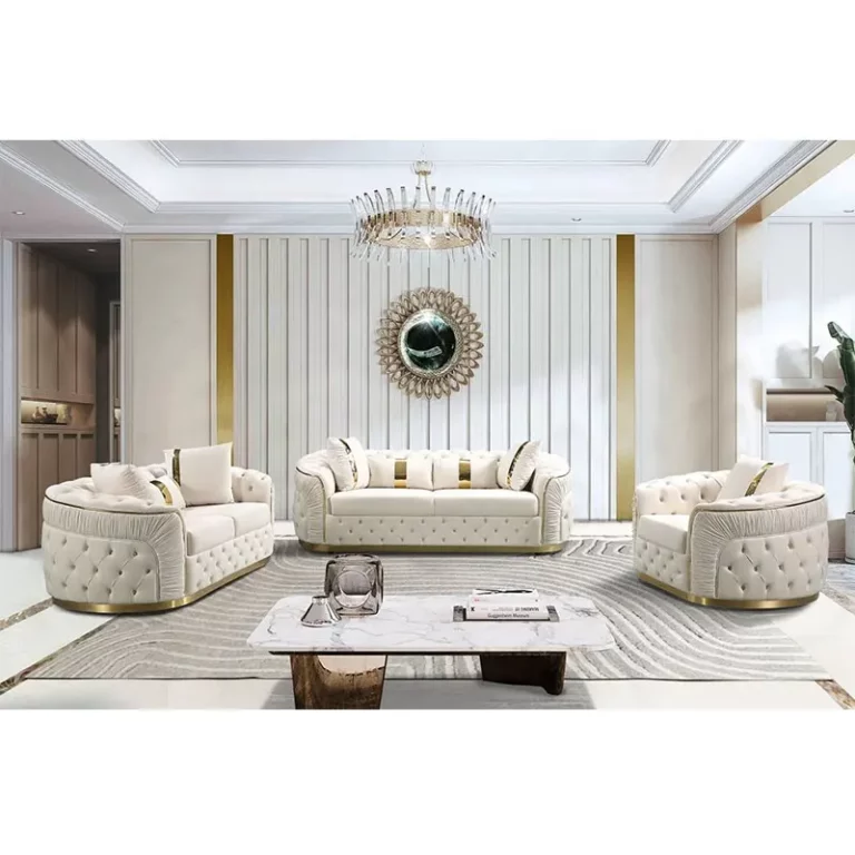 Factory Outlet European Style Luxury Metal Feet Chesterfield Sofa Couches Velvet Pull-Out Plush Living Room Sofa Set Furniture