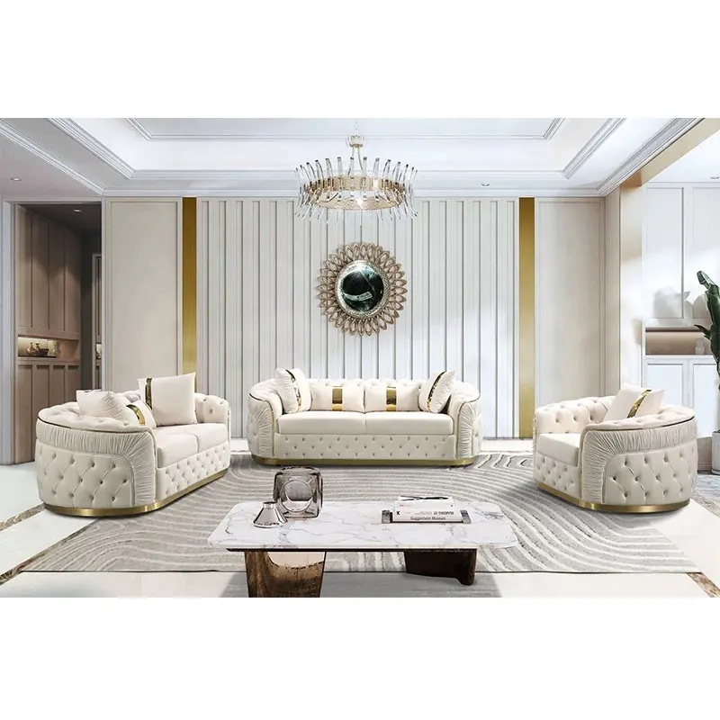 Factory Outlet European Style Luxury Metal Feet Chesterfield Sofa Couches Velvet Pull-Out Plush Living Room Sofa Set Furniture