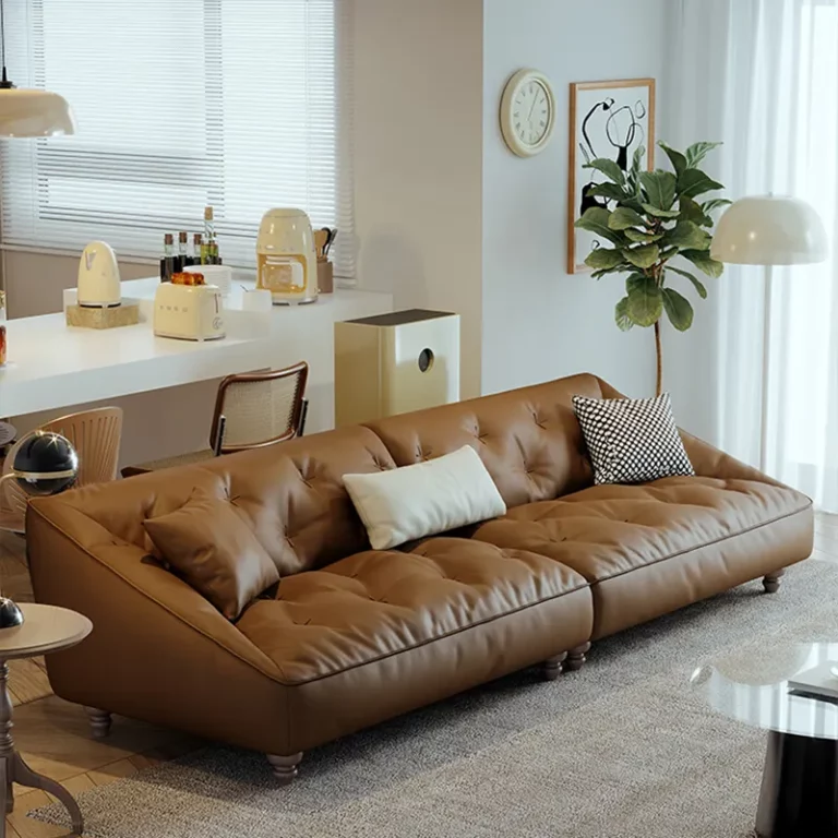 Modern Leather Sofa Living Room Simple Top Layer Leather Light Luxury Style Brown Straight Row One-Line Italian Sofa