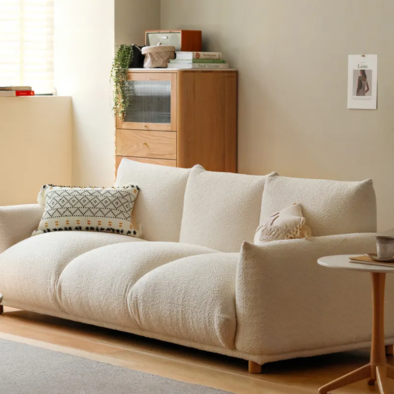 Fabric sofa Japanese style wabi-sabi style living room soft sofa cream style white imitation lamb fleece sofa