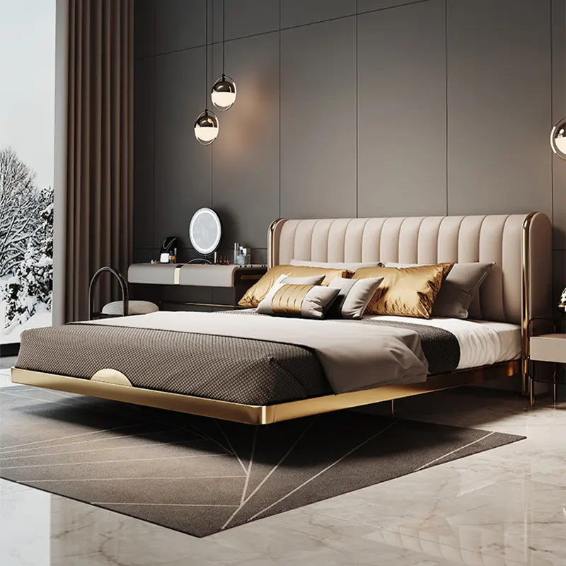High Quality Furniture Genuine Leather Bed Set Luxury upholstered Leather King Bed Custom Faux Leather Double Bed