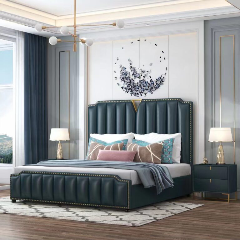 custom simple modern design fabric luxury beds wood bedroom furniture king size bed with light strip