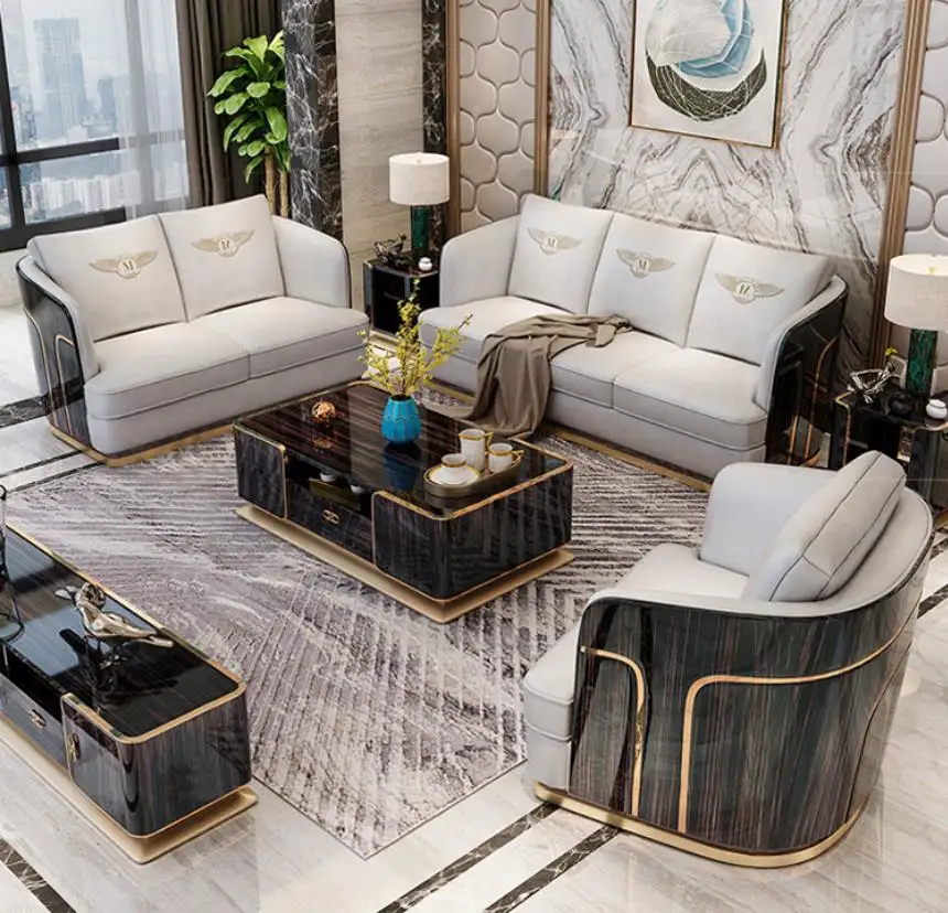 living room 3 seat white black modern leather sofa set with center tables