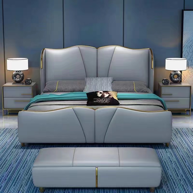 Wholesale Nordic Bedroom Room Furniture Bed Room Sets Luxury Wooden Leather Double King Size Queen Size Bed Set Single Bed