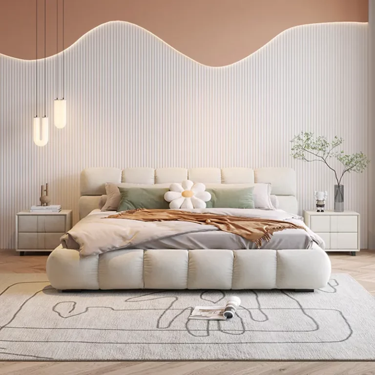 Puff french technology fabric bed home furniture simple modern milk velvet master bed double ins cream style solid wood bed