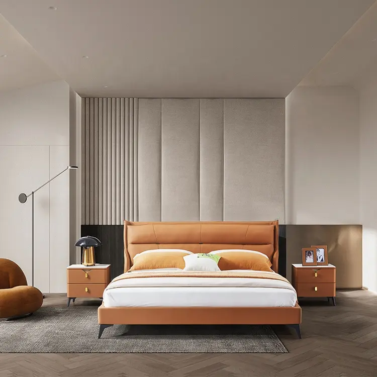 China Wholesale Modern Luxury Furniture Solid Wood Genuine King Size Leather Sofa Bed Wooden Beds