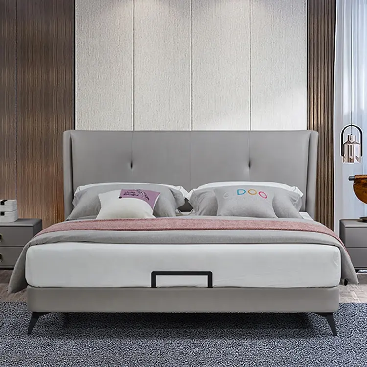 Leather Modern Bedroom Set Furniture King Size Soft Double Up-Holstered Luxury Leather Beds