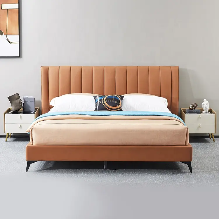 Fashionable Home Import Cattle Hide Upholstered Furniture King Size Modern Luxury Italian Leather Bed