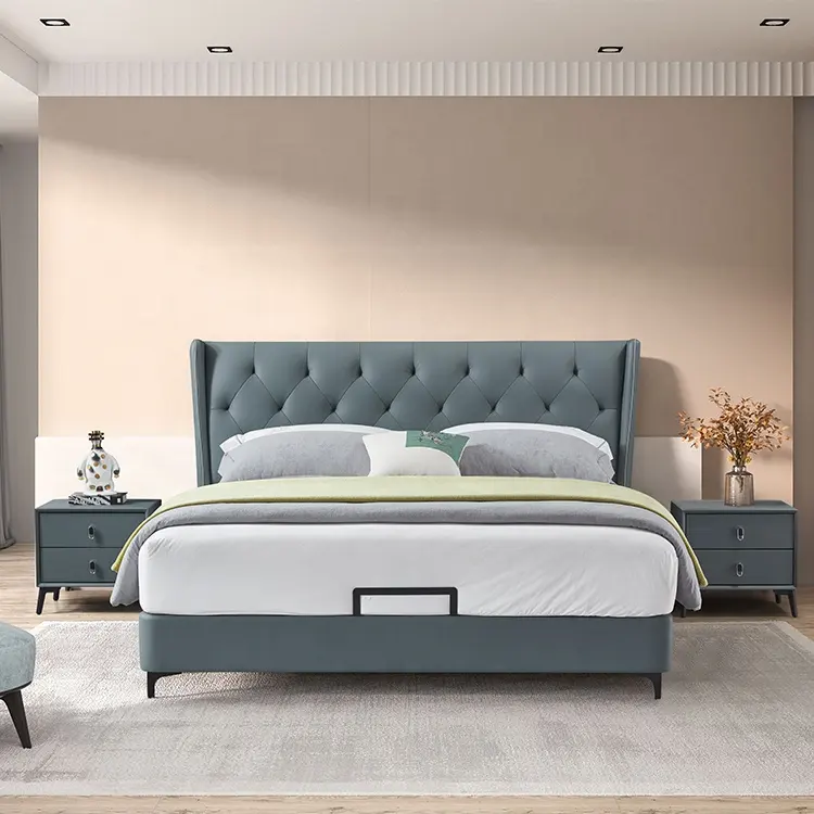 OEM/ODM European Italian Latest Modern Design Platform Double Luxury Leather Wooden Beds