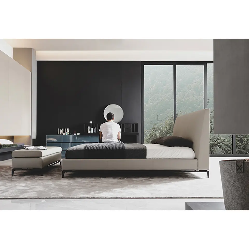 Italian leather bed modern luxury furniture bedroom light luxury style high back soft bed double 1.8m king size bed