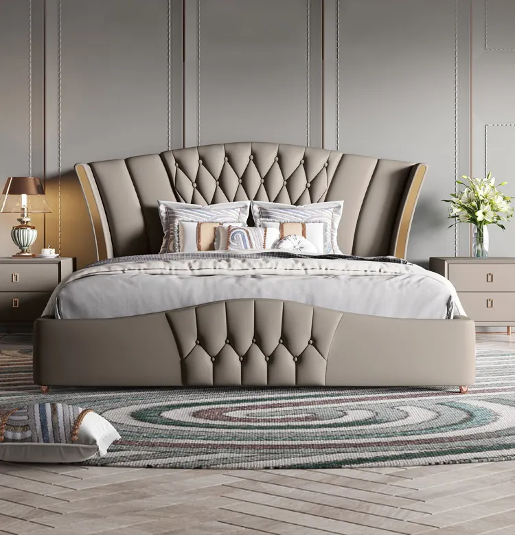 Minimalist light luxury leather bed postmodern master bedroom Nordic bed Italian style simple double bed for bedroom furniture