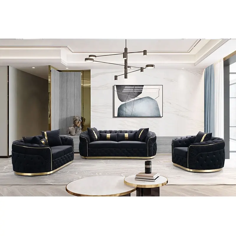 Factory Outlet European Style Luxury Metal Feet Chesterfield Sofa Couches Velvet Pull-Out Plush Living Room Sofa Set Furniture