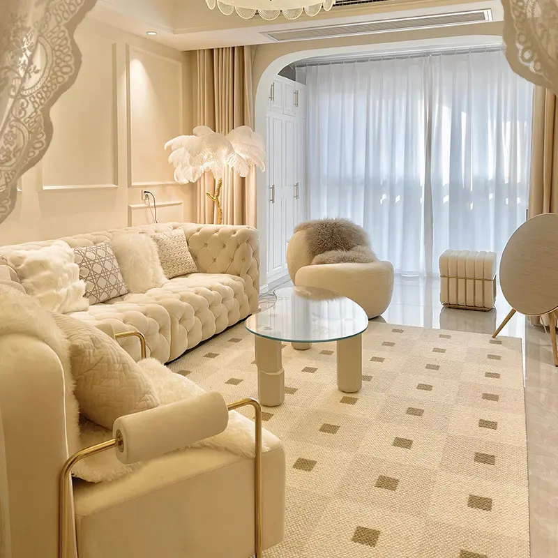 light luxury frosted fabric pull button french sofa living room large apartment French cream style small apartment sofa