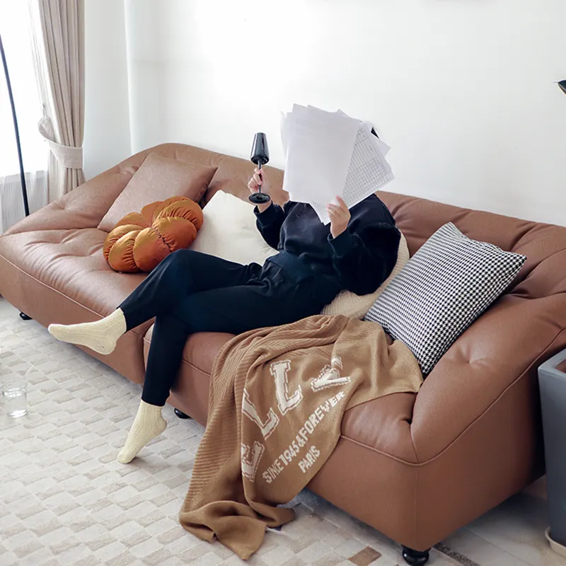 Modern Leather Sofa Living Room Simple Top Layer Leather Light Luxury Style Brown Straight Row One-Line Italian Sofa