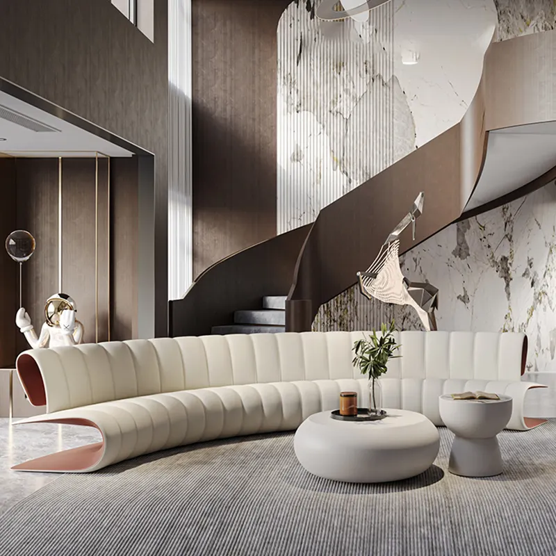 Modern Italian Light Luxury Sofa Large-Scale Curved Leather Sofa Club Leisure White Leather French Sofa