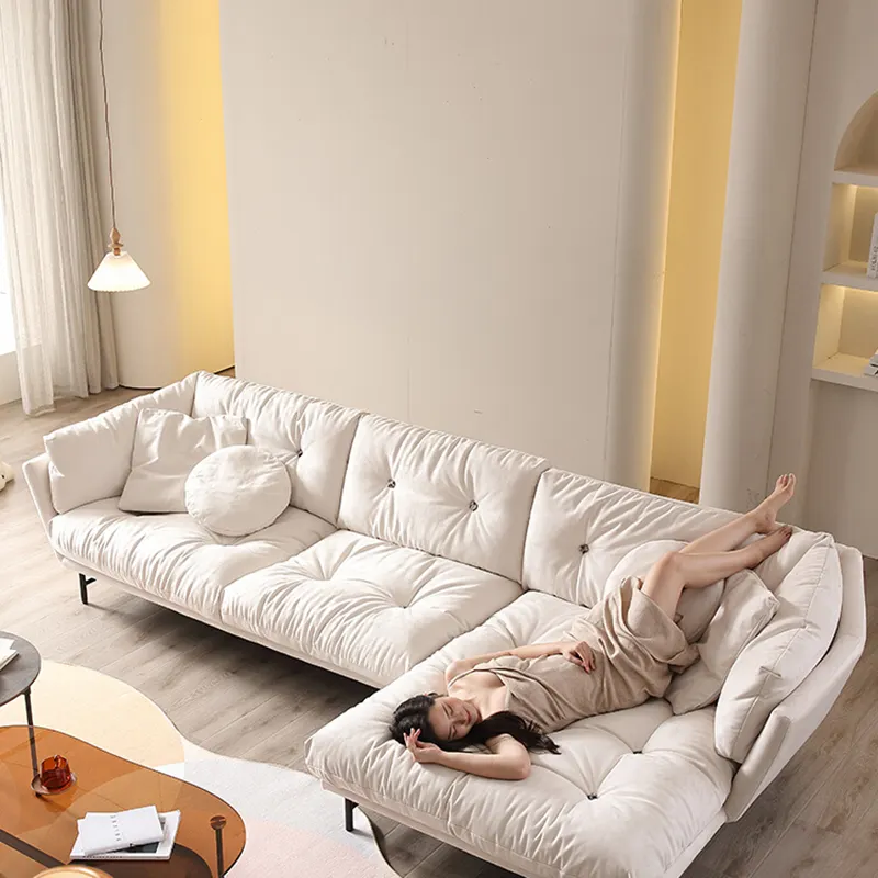 Light luxury frosted fabric sofa living room modern minimalist small apartment corner chaise combination white leather sofa
