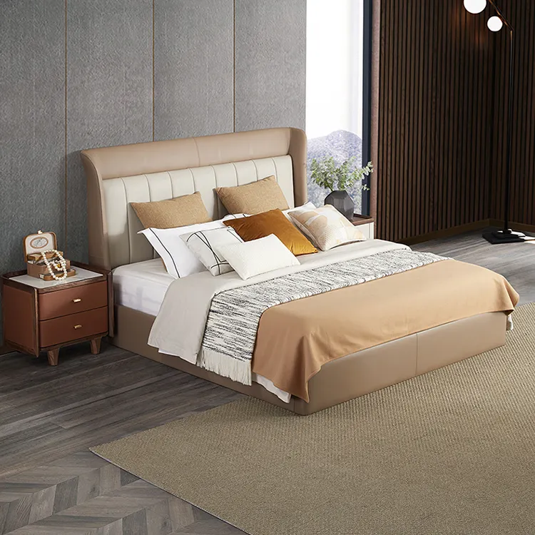 Italian Leather Bed Double Master Bedroom Wedding Bed Nordic Light Luxury Soft Simple Modern Solid Wood Leather Bed