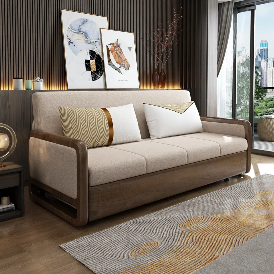 Sleeper linen single sofa bed with storage fold sofa cum bed wooden modern convertible futon folding sofa bed furniture