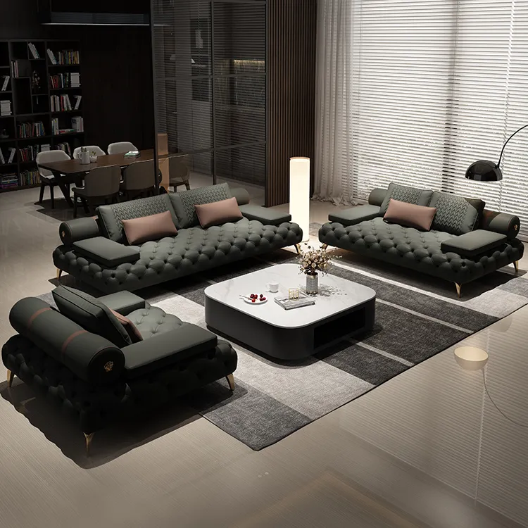 Luxury design house living room furniture modern nordic chesterfield leather sectional sofa set for home