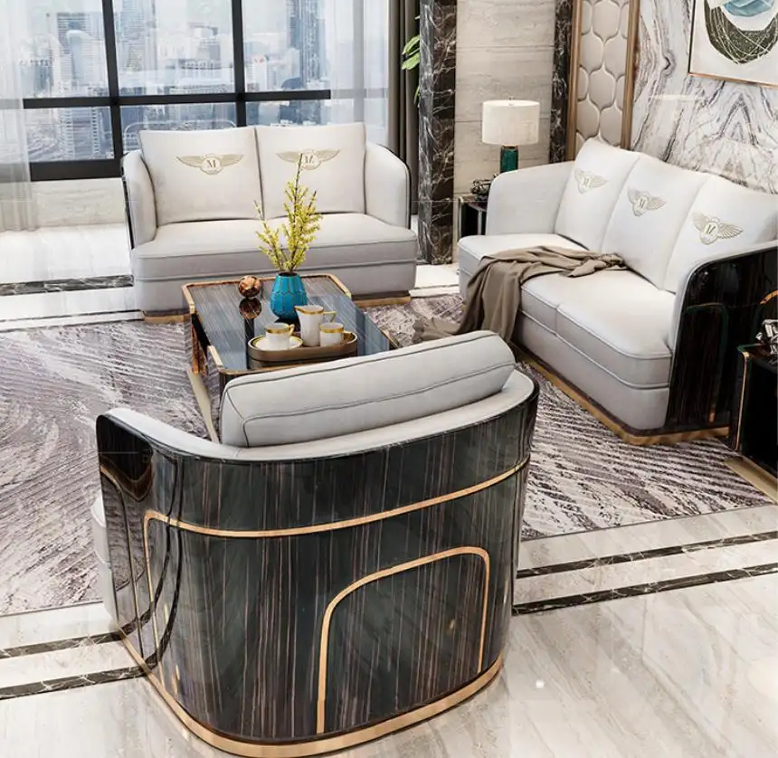 living room 3 seat white black modern leather sofa set with center tables