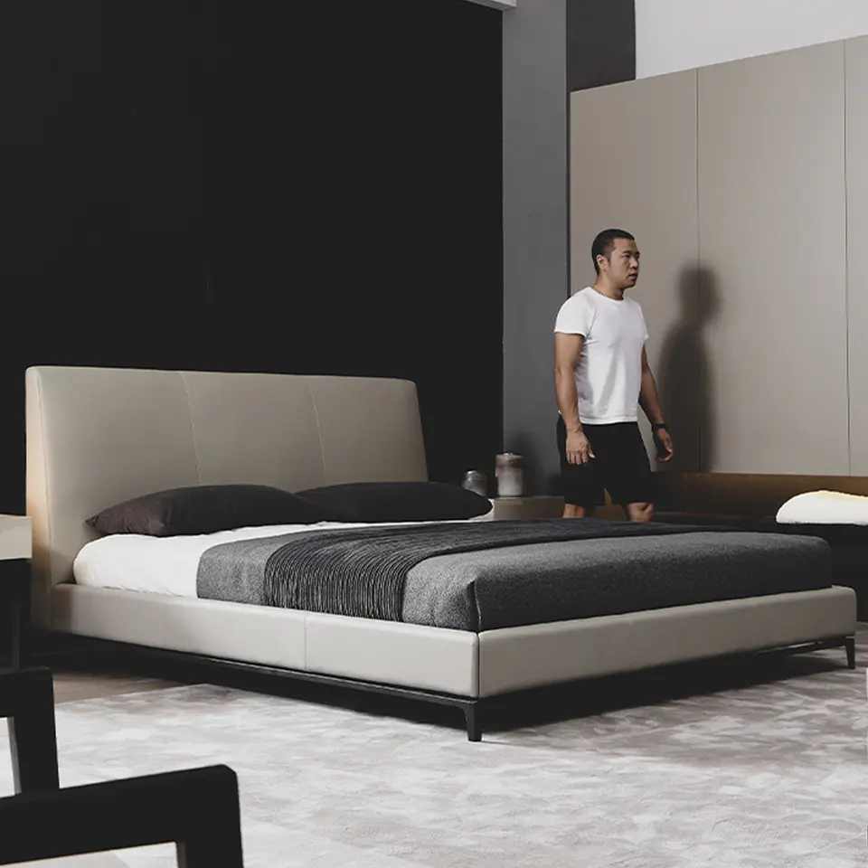 Italian leather bed modern luxury furniture bedroom light luxury style high back soft bed double 1.8m king size bed