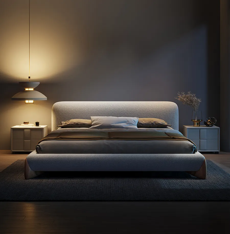 Italian modern fabric solid wood bed Nordic minimalist lamb velvet bed light luxury box double french bedfor bedroom furniture