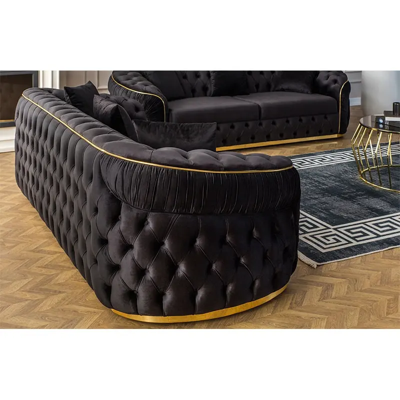 Factory Outlet European Style Luxury Metal Feet Chesterfield Sofa Couches Velvet Pull-Out Plush Living Room Sofa Set Furniture