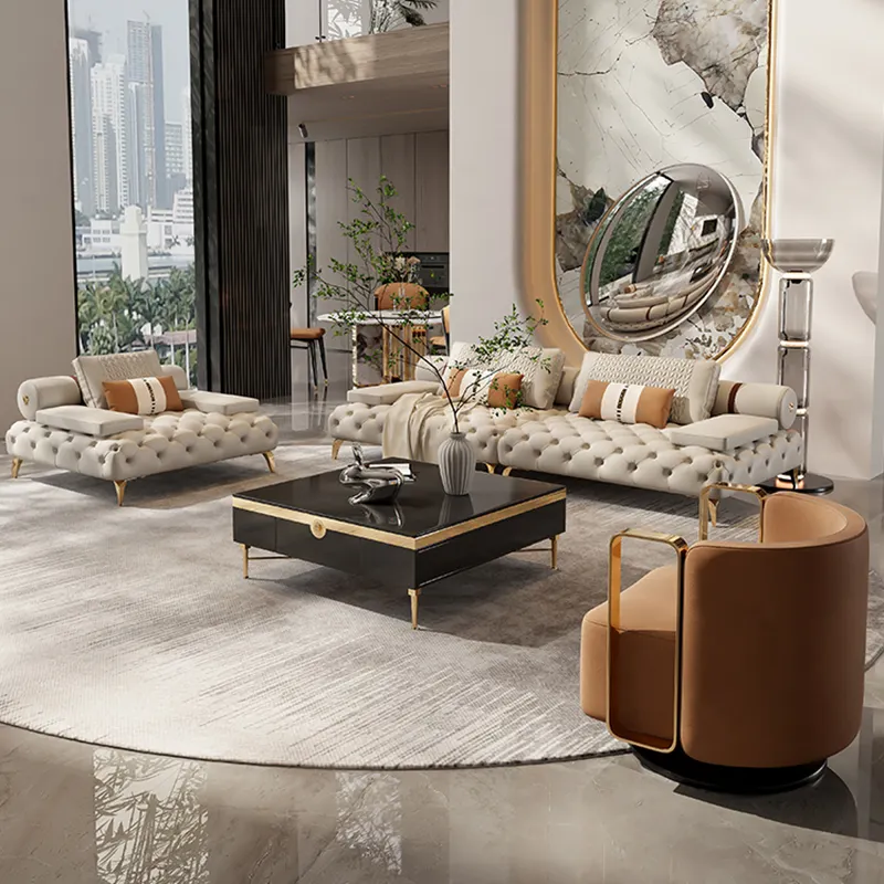 Light Luxury Genuine Leather Italian Sofa American Style Living Room Straight Buckle Home Furniture Big Sofa Set