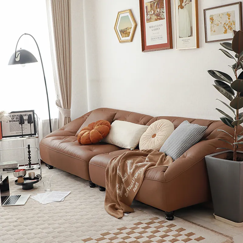 Modern Leather Sofa Living Room Simple Top Layer Leather Light Luxury Style Brown Straight Row One-Line Italian Sofa