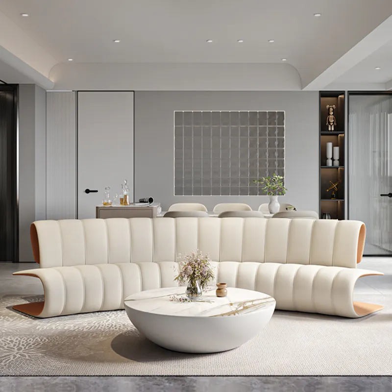 Modern Italian Light Luxury Sofa Large-Scale Curved Leather Sofa Club Leisure White Leather French Sofa