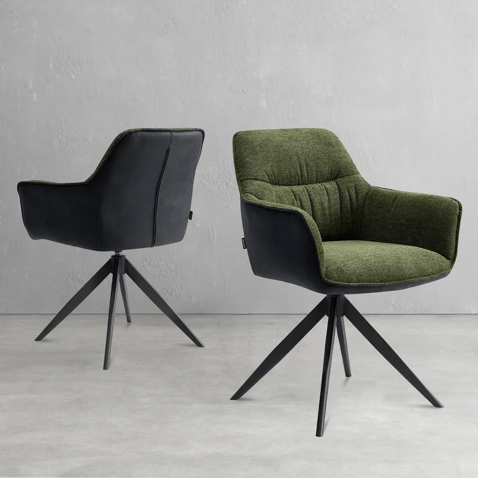 Wholesale modern linen fabric dining chair elegant dining room furniture green armchair 360 swivel metal frame dining chair