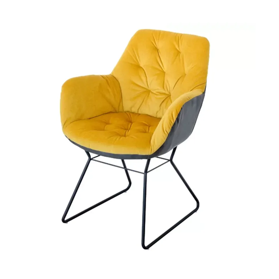 Home furniture dining room luxury armchair yellow fabric modern industrial dining chair with metal base