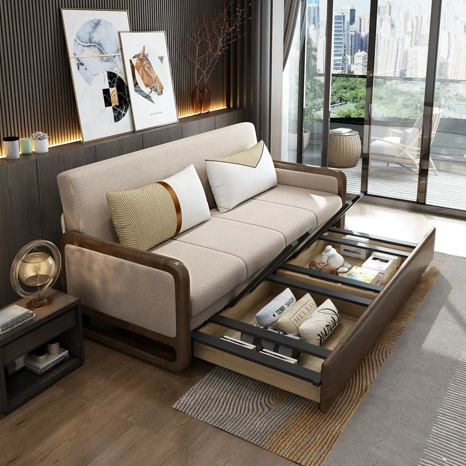 Sleeper linen single sofa bed with storage fold sofa cum bed wooden modern convertible futon folding sofa bed furniture