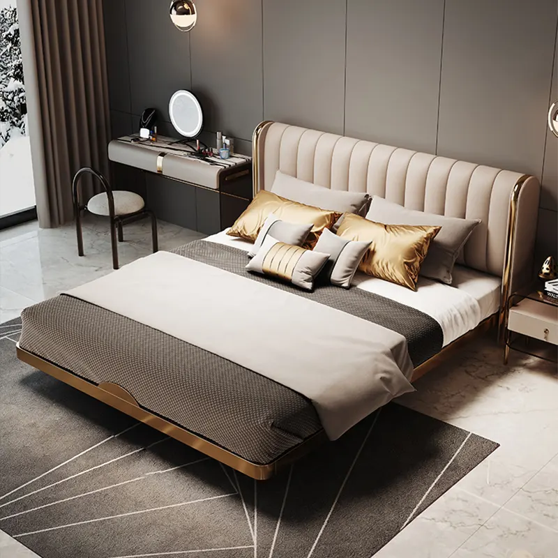 High Quality Furniture Genuine Leather Bed Set Luxury upholstered Leather King Bed Custom Faux Leather Double Bed