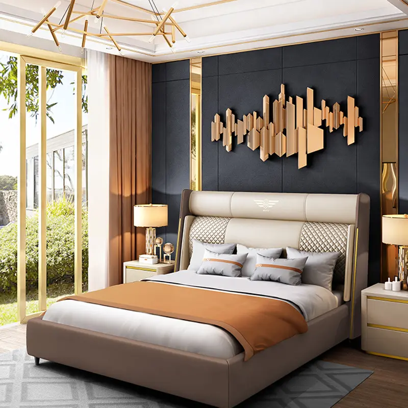 Hotel modern bed king size bedroom furniture set leather storage luxury double up-holstered beds
