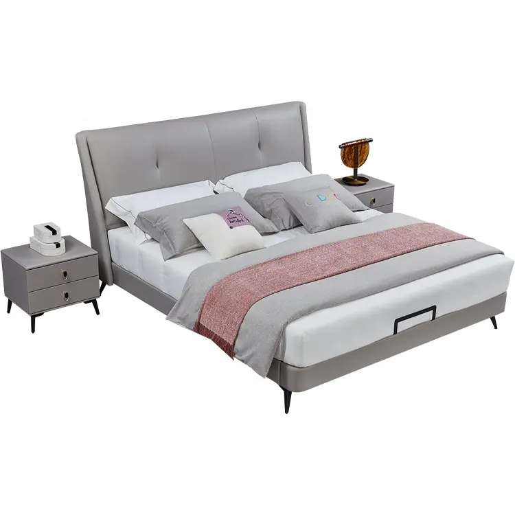 Leather Modern Bedroom Set Furniture King Size Soft Double Up-Holstered Luxury Leather Beds