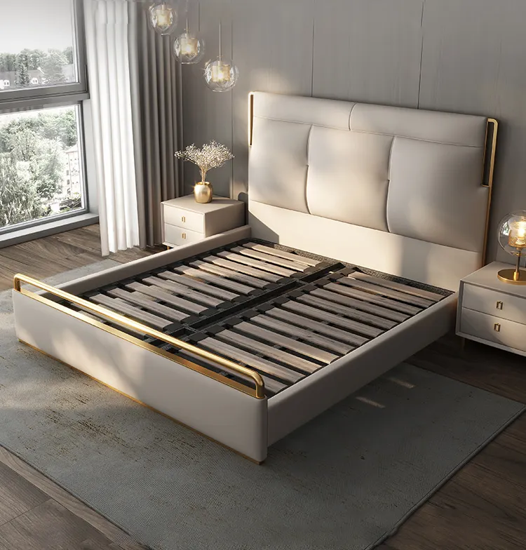 Modern light luxury leather bed new simple solid wood bed bedroom high-end Italian leather art bed for bedroom furniture
