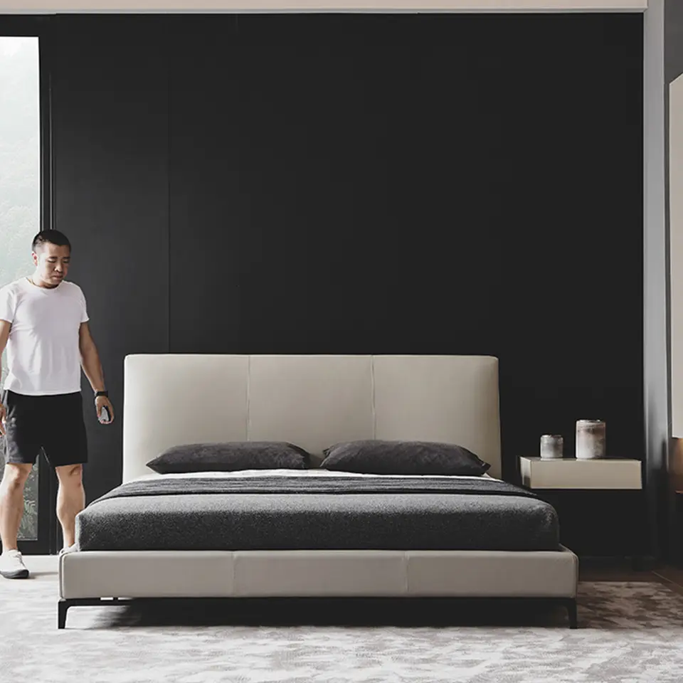 Italian leather bed modern luxury furniture bedroom light luxury style high back soft bed double 1.8m king size bed