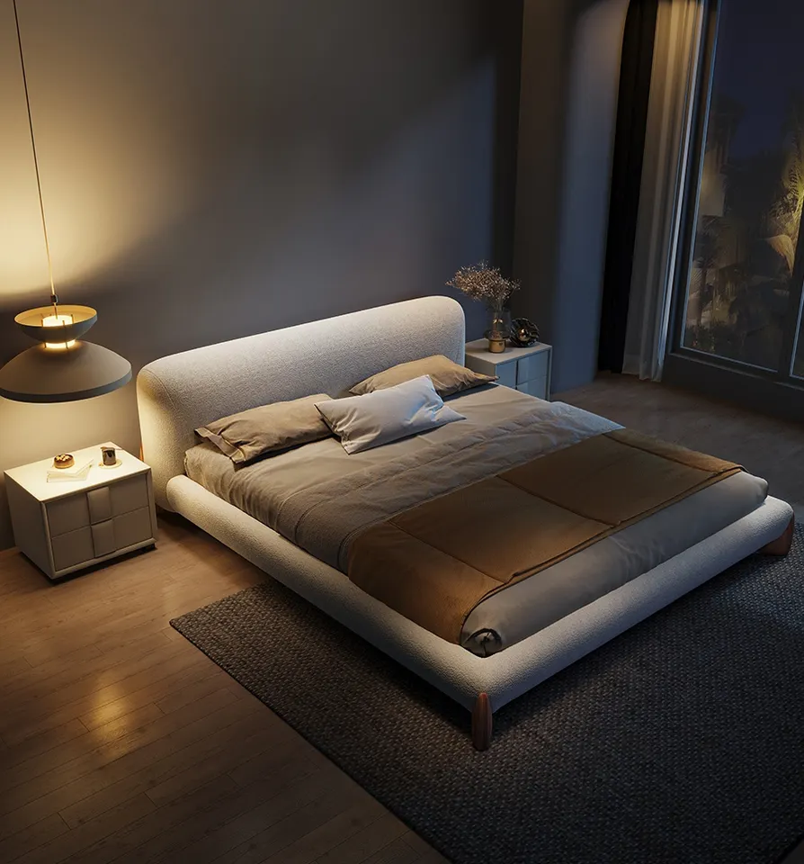 Italian modern fabric solid wood bed Nordic minimalist lamb velvet bed light luxury box double french bedfor bedroom furniture